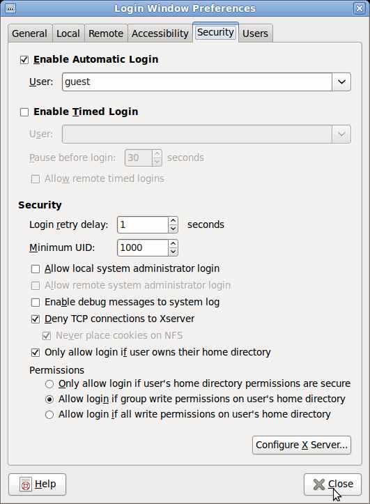 Security tab for Automatic Login